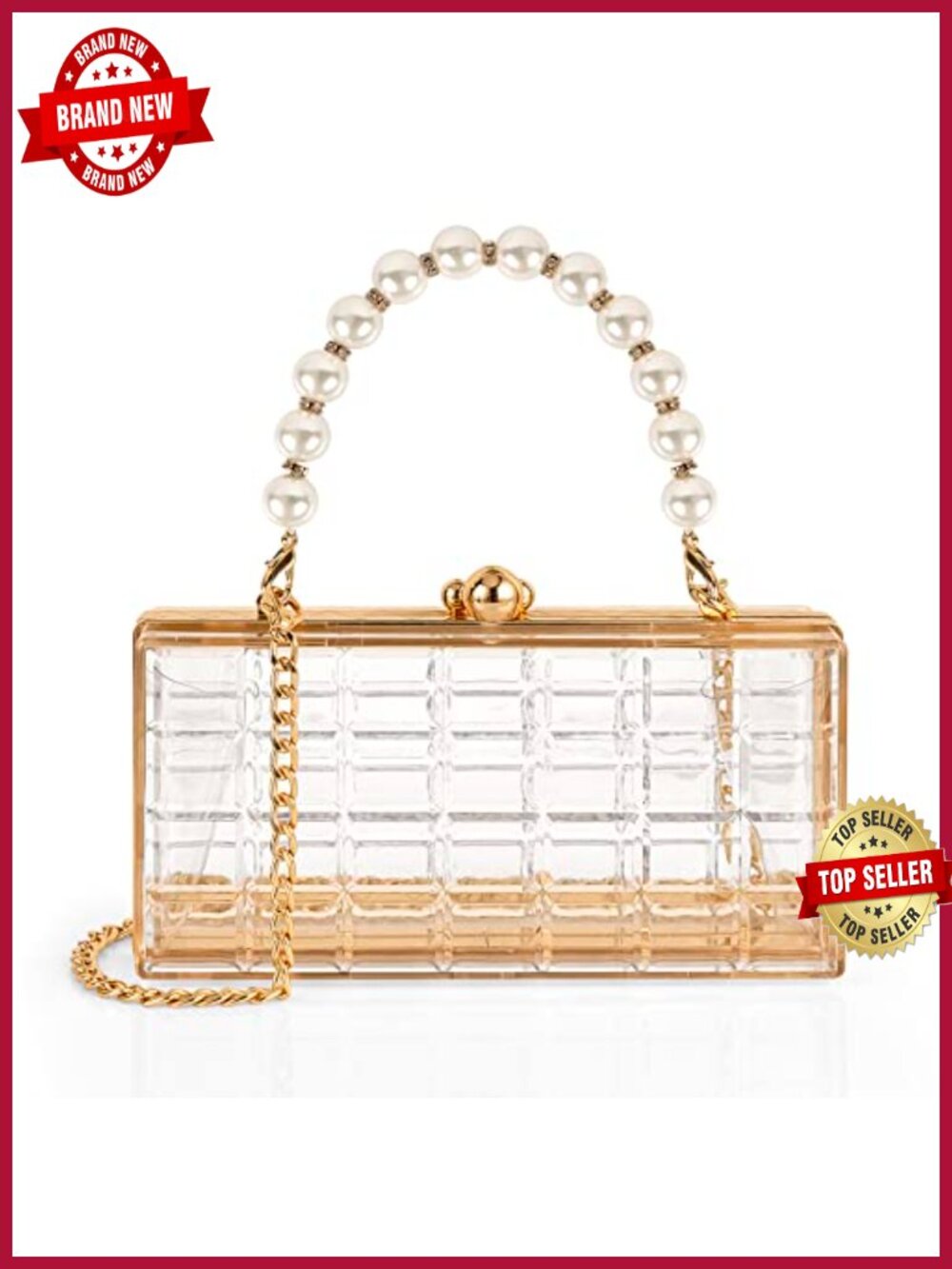 Clear Acrylic Clutch Bag with Pearl Handle and Gold Chain Crossbody